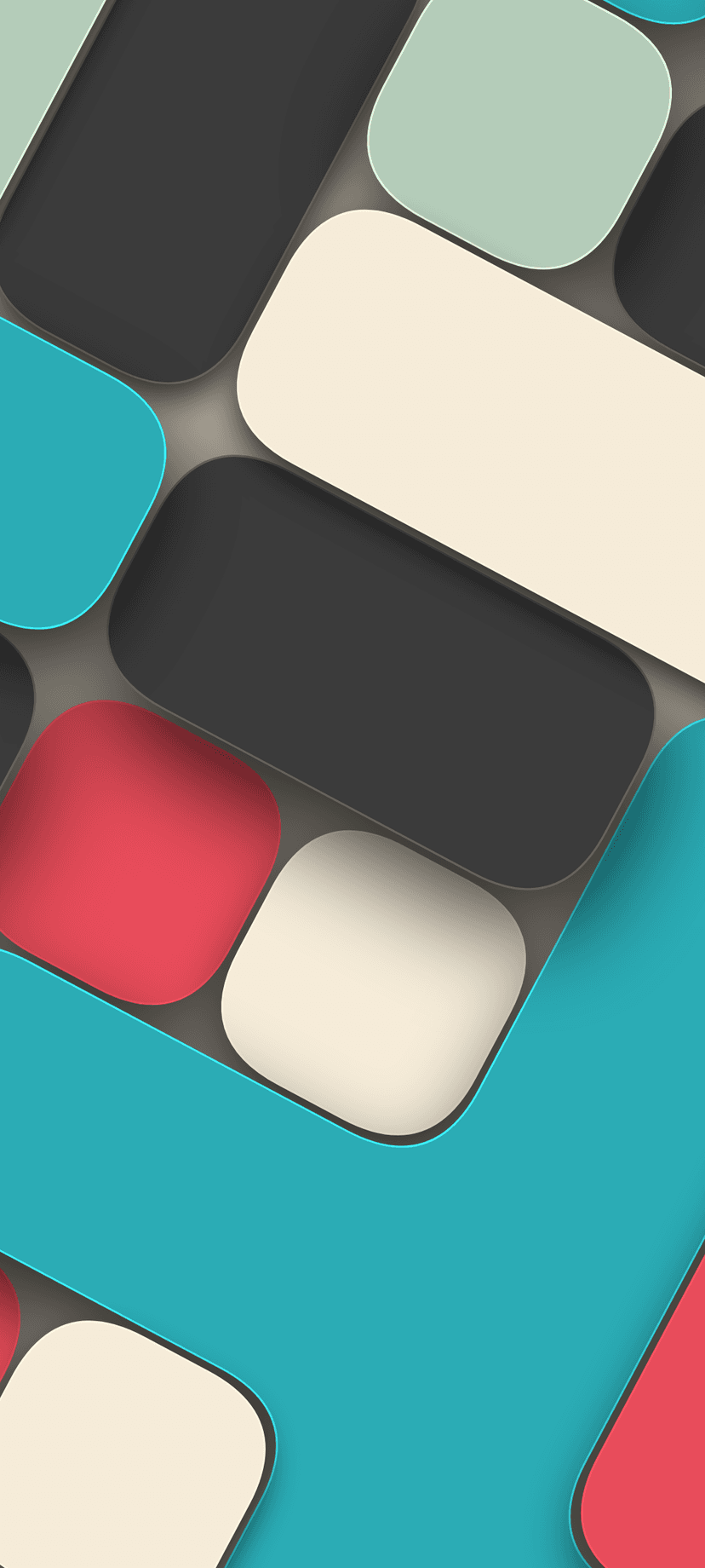 Overlapping rounded teal and coral geometric forms casting soft shadows create a layered 3D effect for this screen.