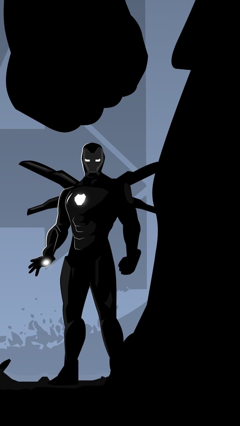 Dark armored figure with glowing white eyes and four mechanical wings standing in a dimly lit industrial area.