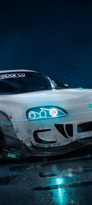 Glowing Supra headlights, Sparco windshield sticker, HKS decal