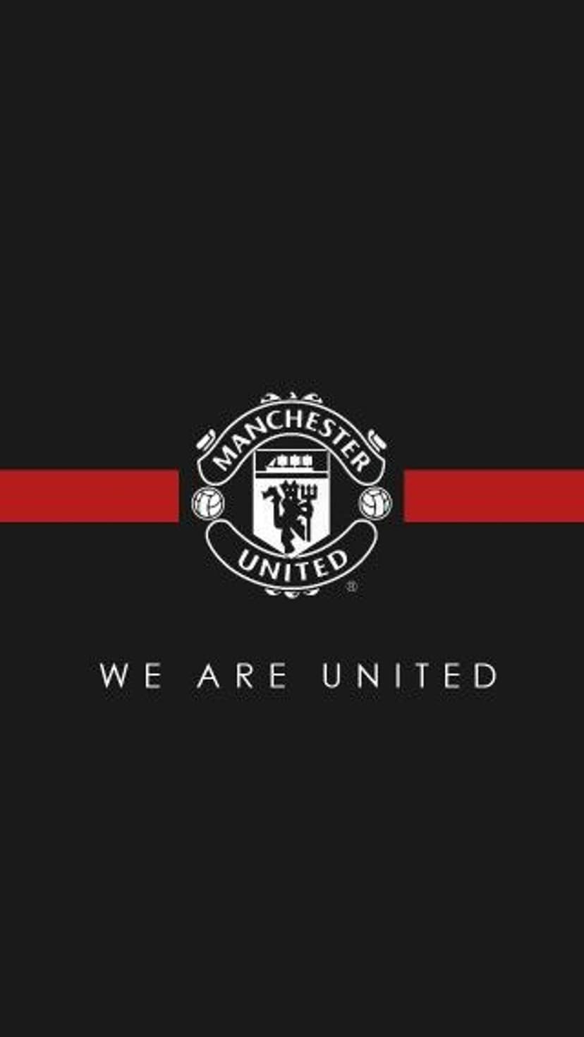 Manchester United crest in white over a bold red horizontal stripe and WE ARE UNITED text on a black background.
