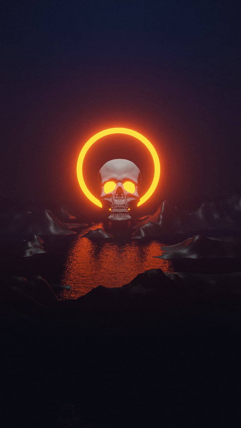 Skull with a glowing orange halo and fiery eyes floating over dark rippling water between jagged rock silhouettes.