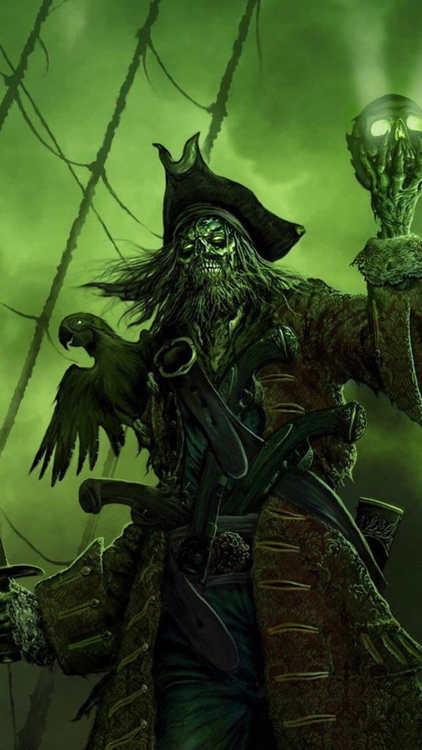Skeletal pirate captain wearing a tricorn hat holding a glowing skull staff on a foggy ship deck with a parrot.