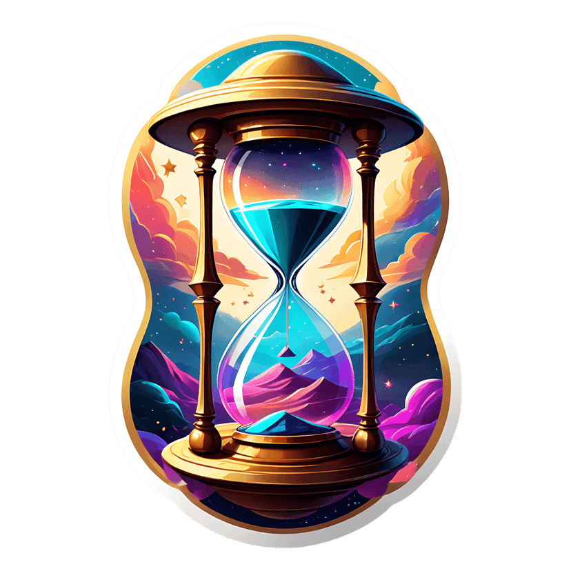 Cosmic hourglass sticker featuring teal sand, neon purple mountains, and a golden frame against sunset clouds.