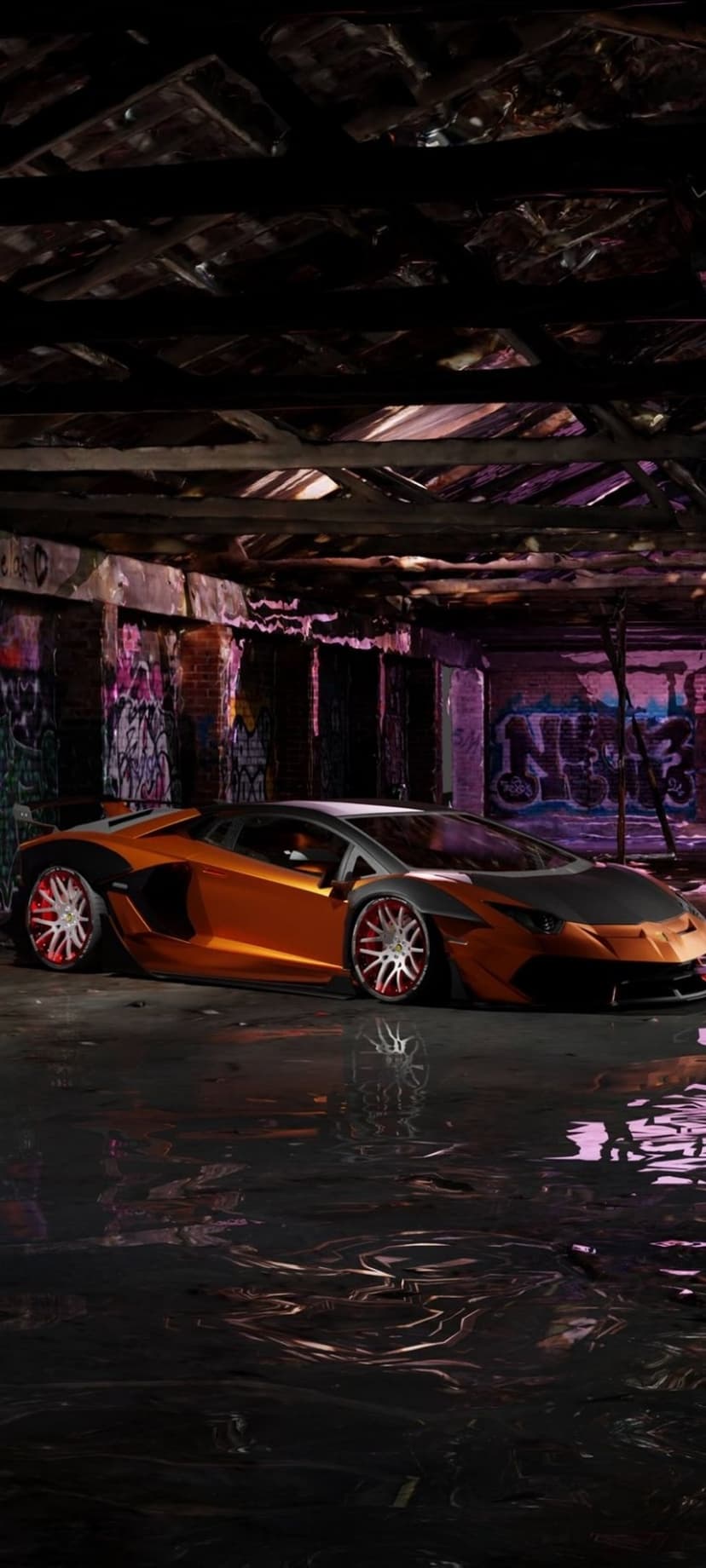 Orange Lamborghini Aventador with carbon fiber hood in a dark tunnel with colorful graffiti and wet pavement.