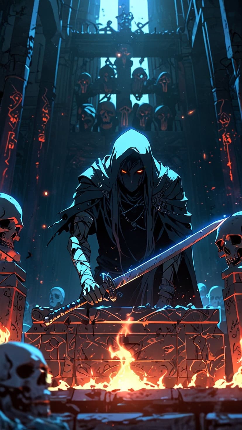 Hooded figure with red glowing eyes holds a flaming sword over a skull-covered altar in a dark gothic temple.