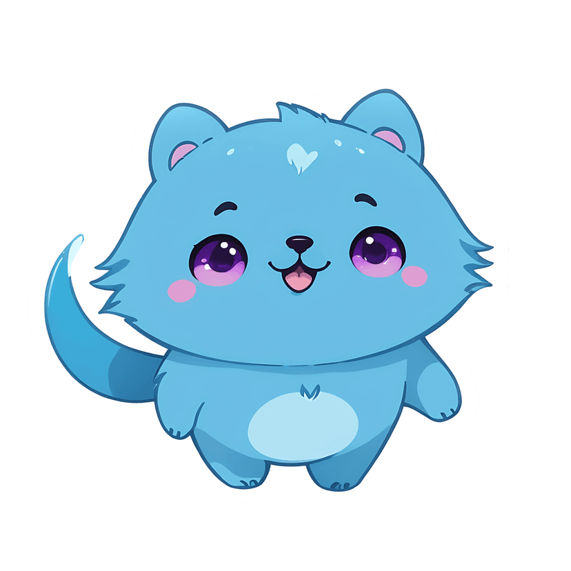 Blue creature sticker featuring glossy purple eyes and pink cheeks with a clean white outline on a plain background.