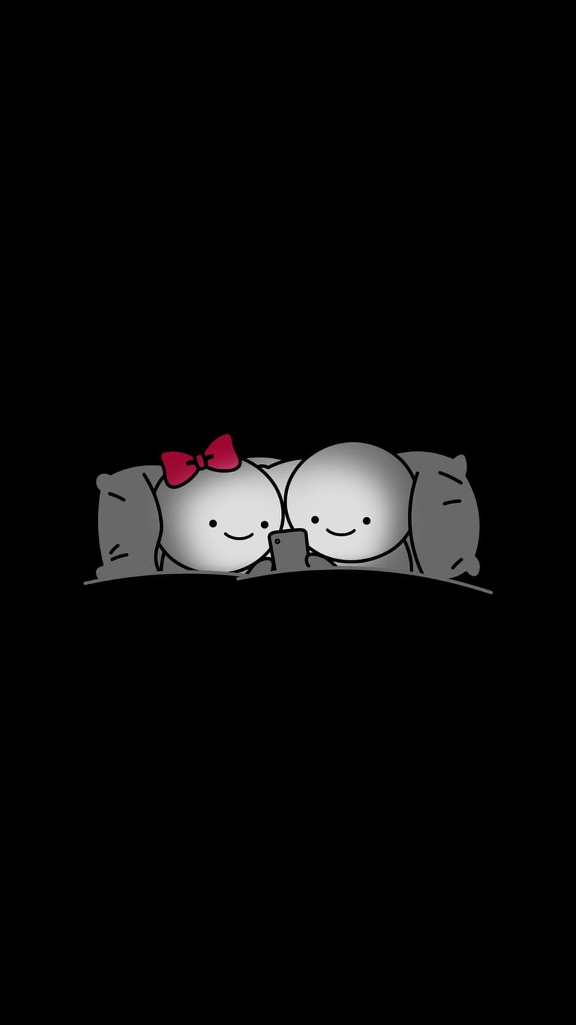 Two minimalist characters cuddle on pillows looking at a glowing smartphone screen against a black background.