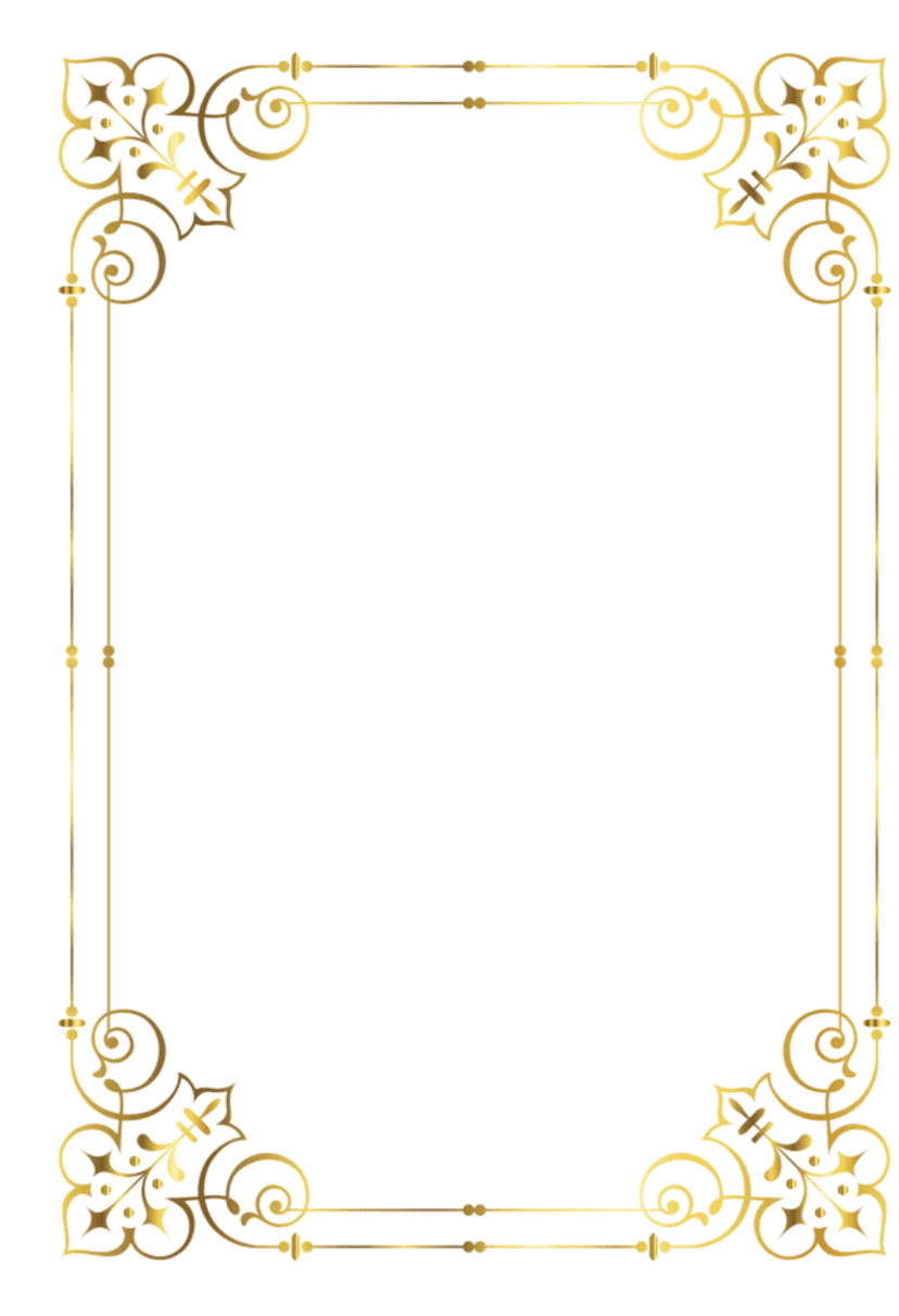 Gold frame metallic border with intricate ornate carvings and polished texture on a transparent background.