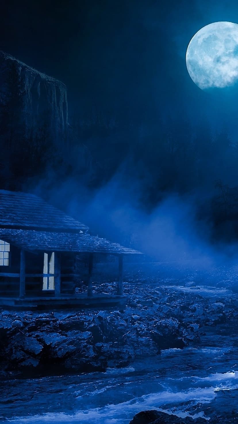 Wooden cabin beside a rushing misty river under a giant full moon with jagged mountain silhouettes behind.