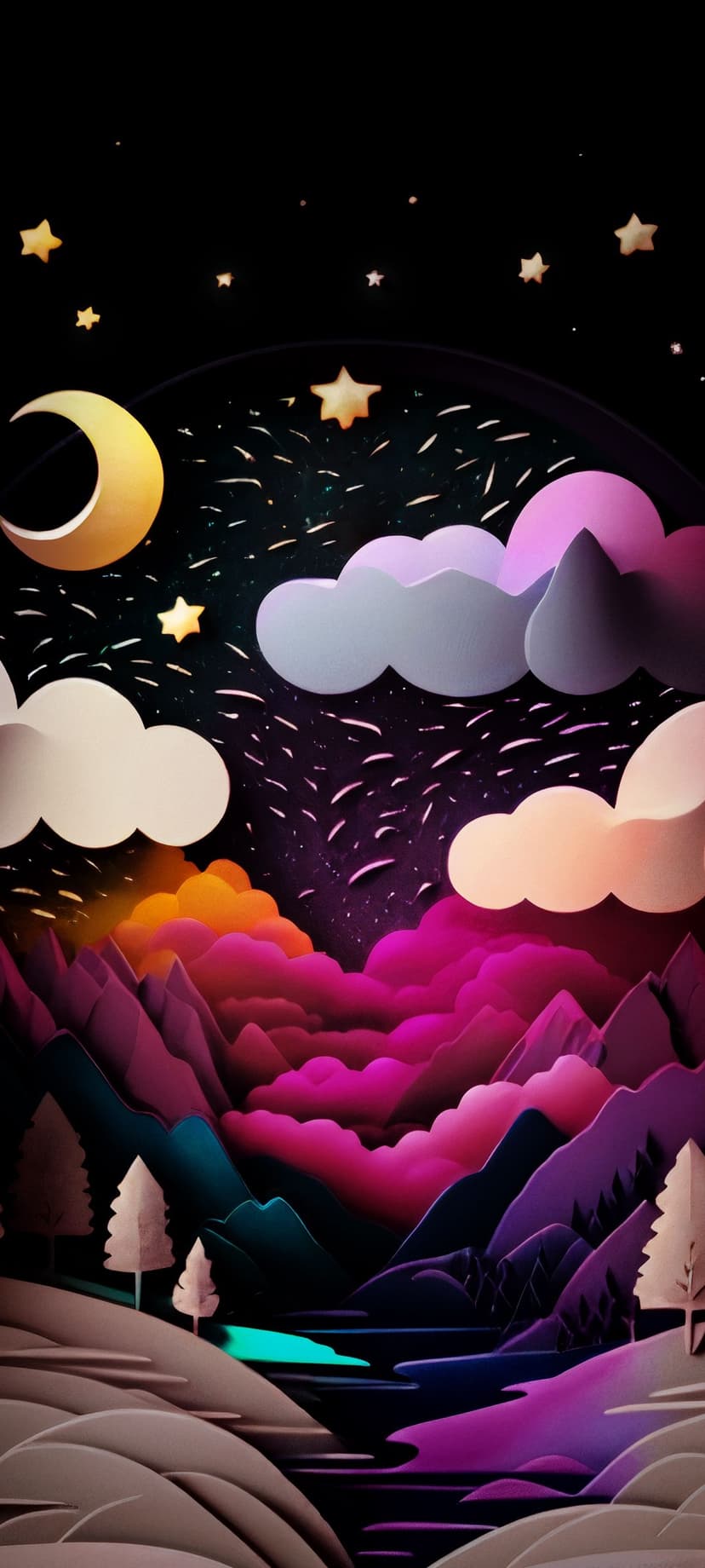 Golden crescent moon and twinkling stars shine above purple stylized mountains and a glowing lake at night.