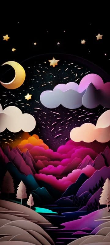 Magical Night Landscape with Crescent Moon and Stars