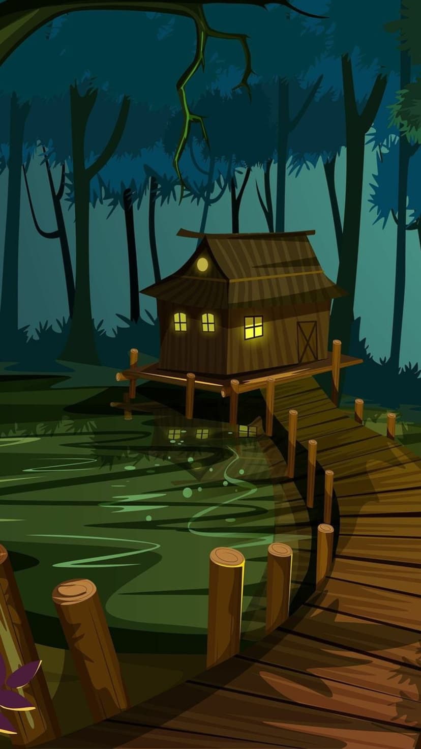 Wooden stilt house with glowing windows sits in a dark misty swamp, reached by a weathered timber boardwalk.