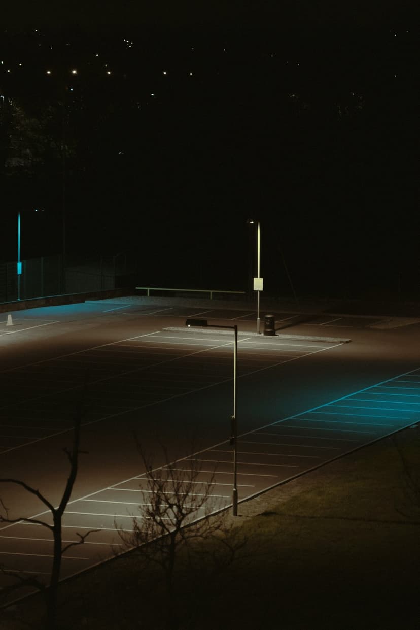 Asphalt parking spaces glow under blue streetlights with long shadows and bare trees in the dark night.