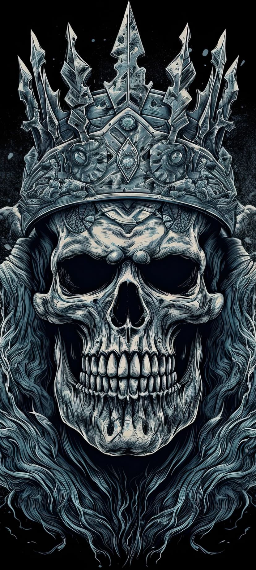Skeletal king wearing a jagged ice crown with monochromatic gray textures and a dark, moody background.