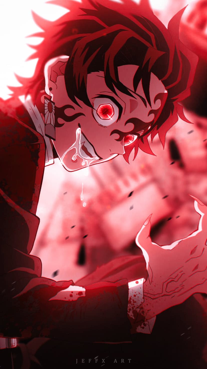 Tanjiro Kamado with glowing red eyes and facial markings stares intensely in a monochromatic red composition.