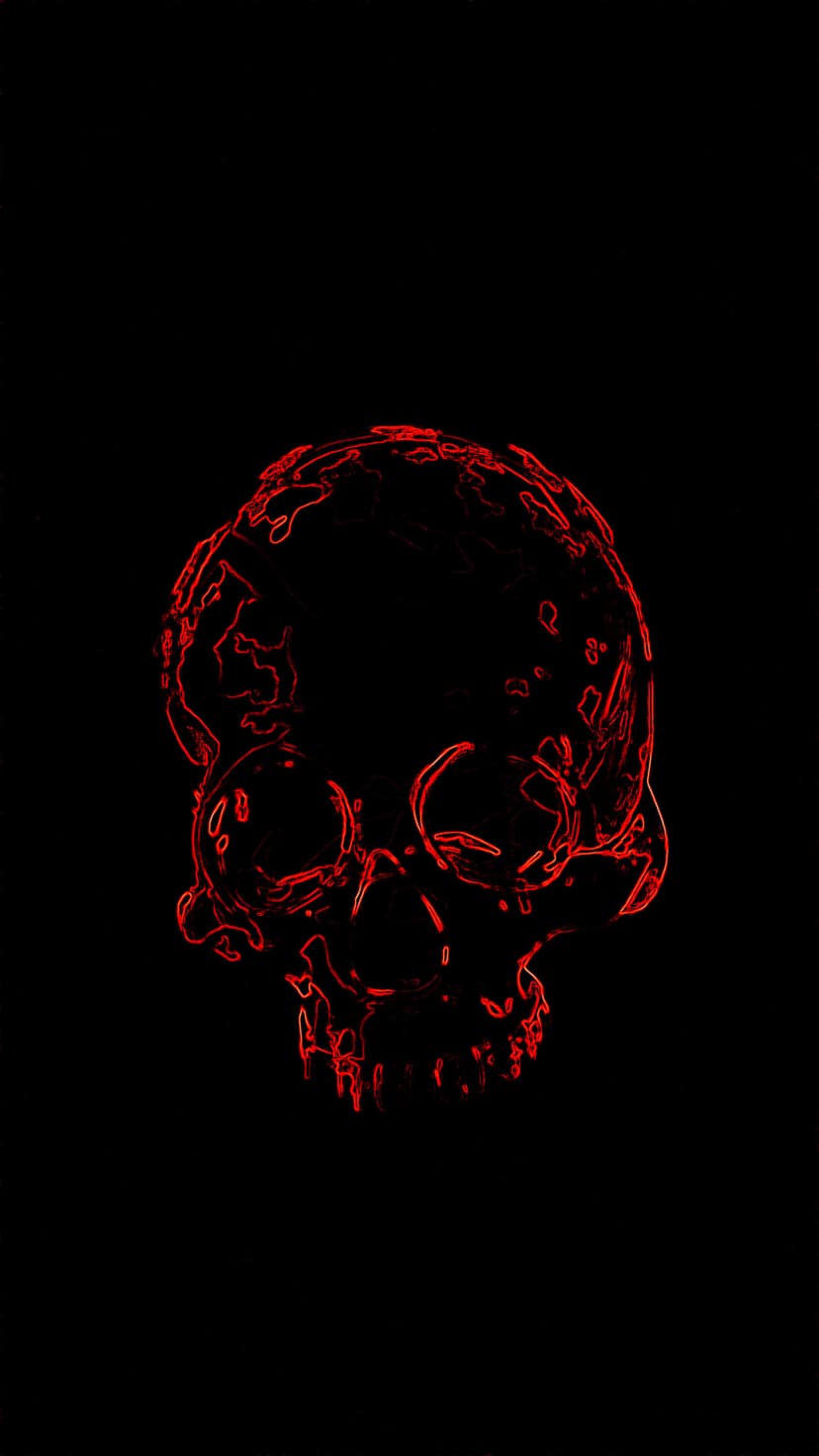 Glowing red neon skull outline centered on a pitch-black background with sharp light trails and dark mood.