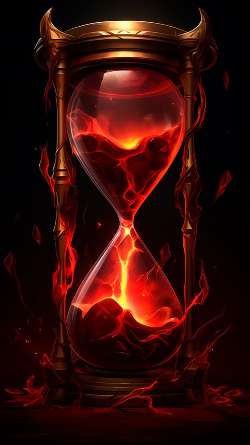 Ornate gold hourglass containing swirling red and yellow liquid fire against a dark, shadowy background.