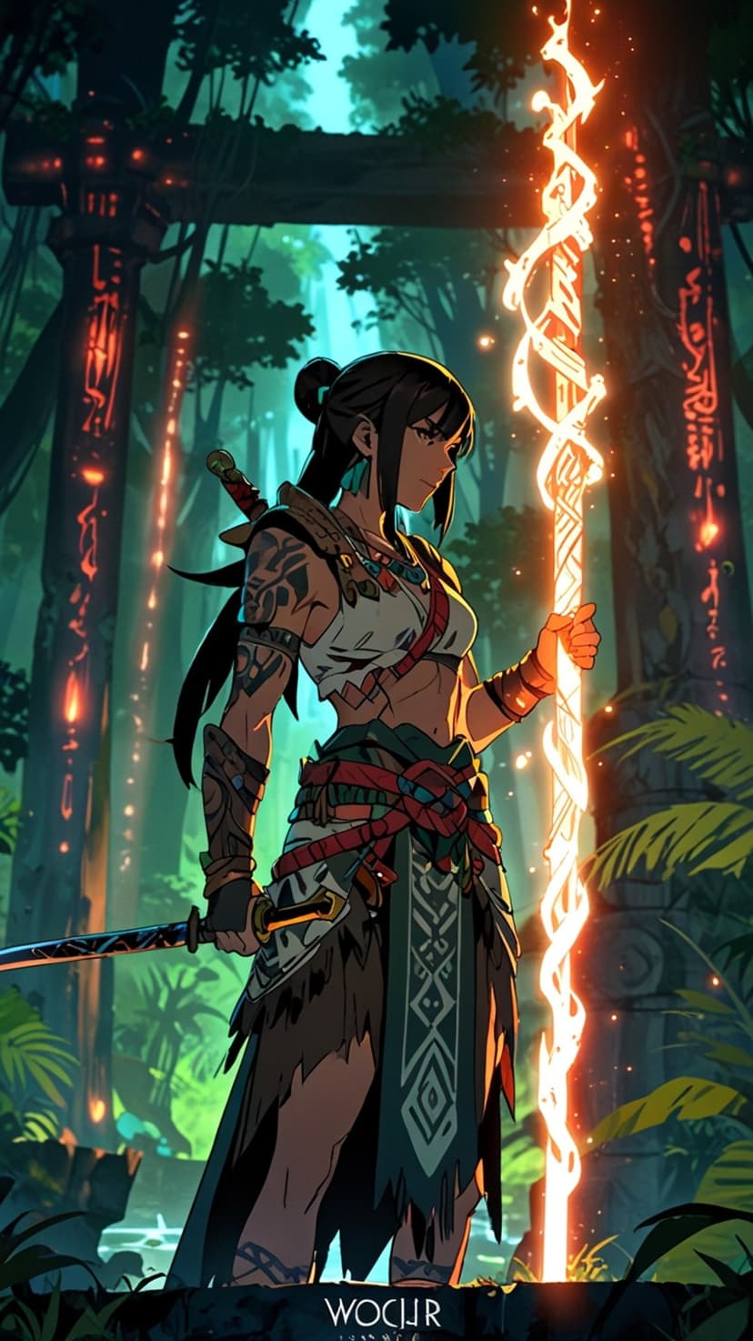 Tribal warrior woman holds an ornate glowing sword amidst mossy ruins and blue runes in a mystical forest.