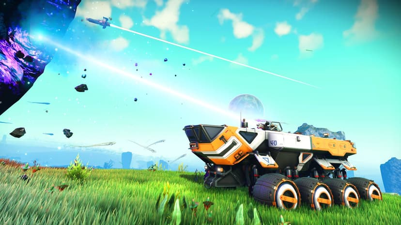 Large orange rover on green grass firing a laser at a blue rock under a cyan sky with a spaceship and moon.
