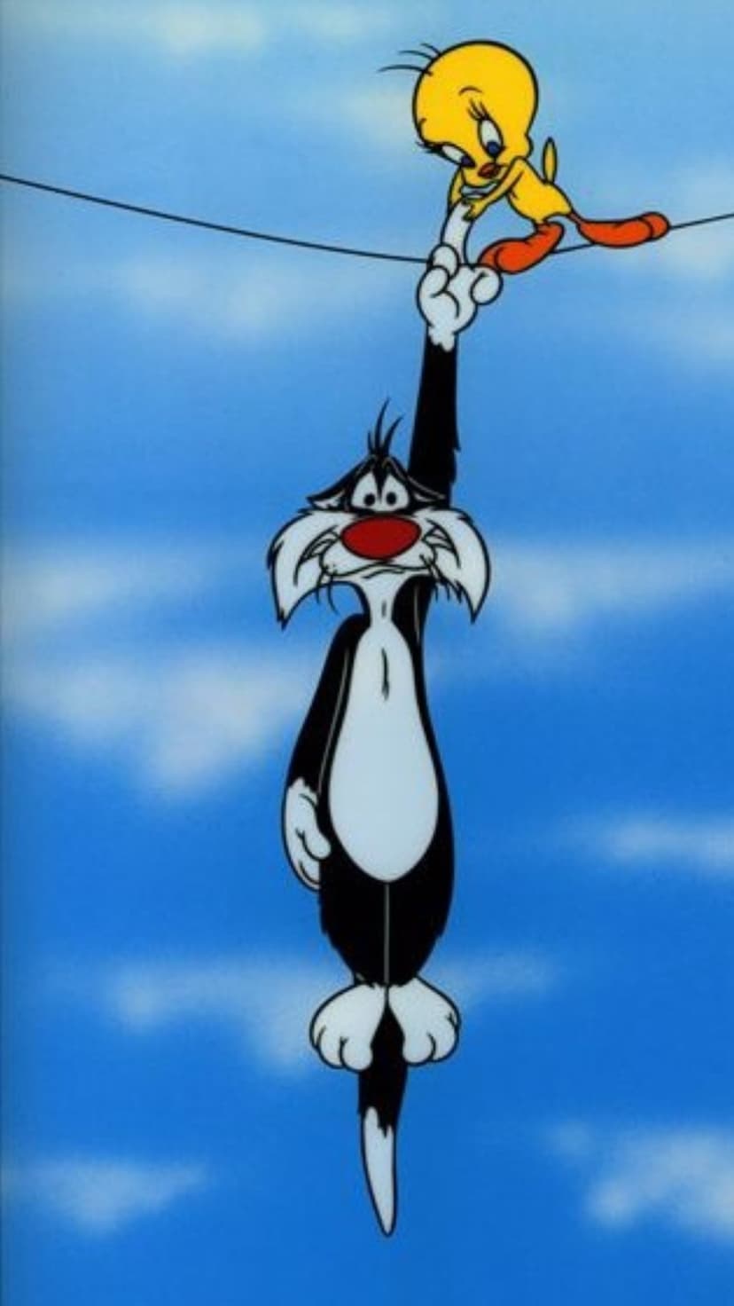 Sylvester Cat hangs from a tightrope by one paw with Tweety Bird perched above against a bright blue sky.