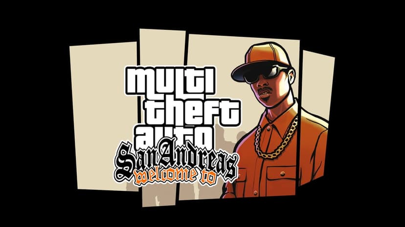 Character in orange shirt and gold chain next to Multi Theft Auto San Andreas logo on tan paneled background.