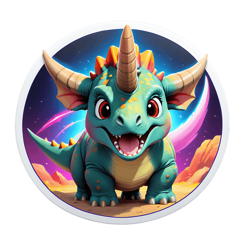 Triceratops unicorn hybrid 3d render features a green creature with orange spots inside a circular star frame.