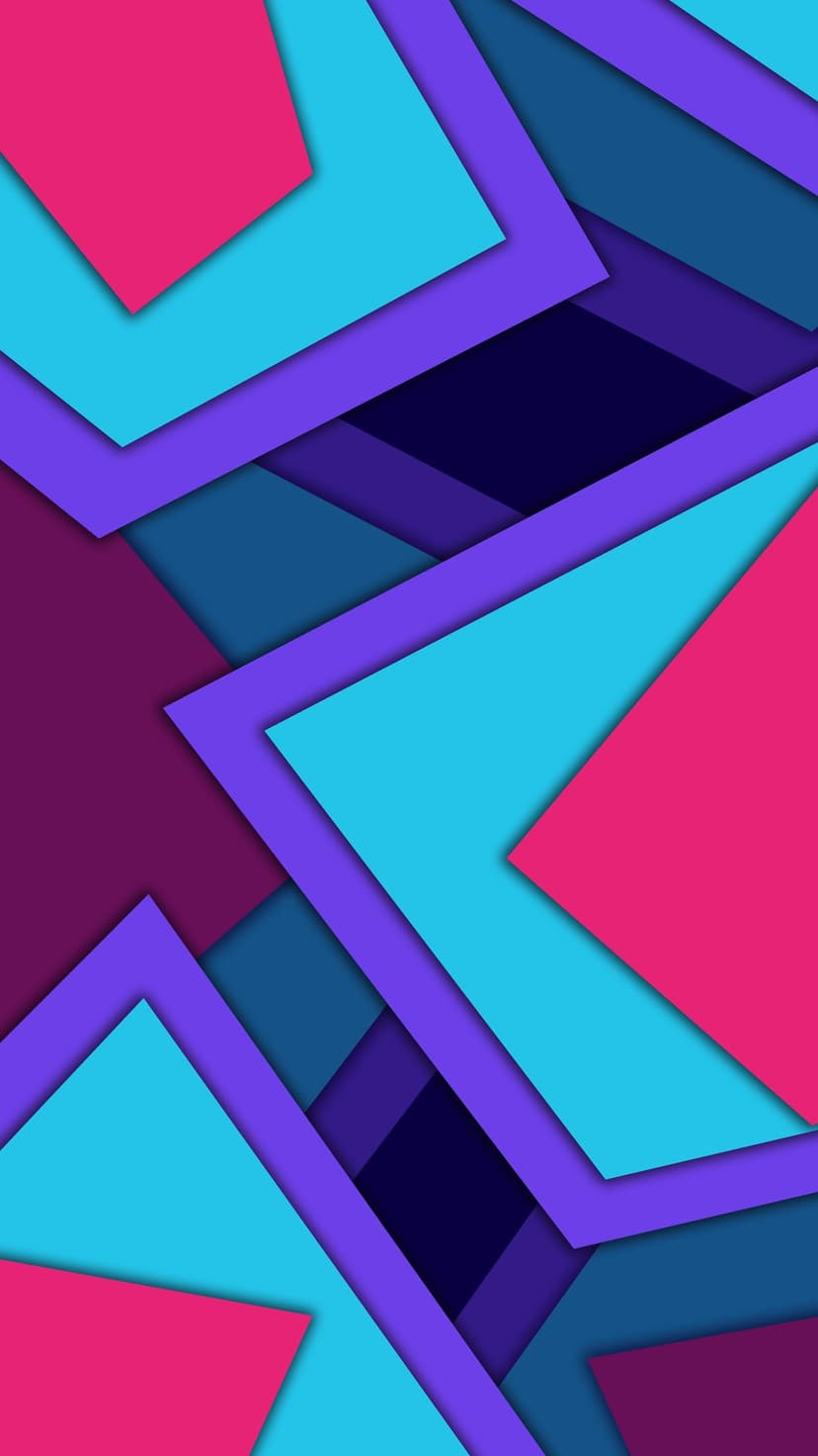 Overlapping pink and cyan geometric polygons with soft shadows create a sense of depth on a dark blue background.