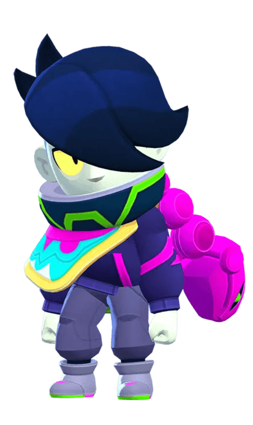 Edgar from Brawl Stars stands in profile wearing a dark blue jacket and large pink mechanical scarf launcher.
