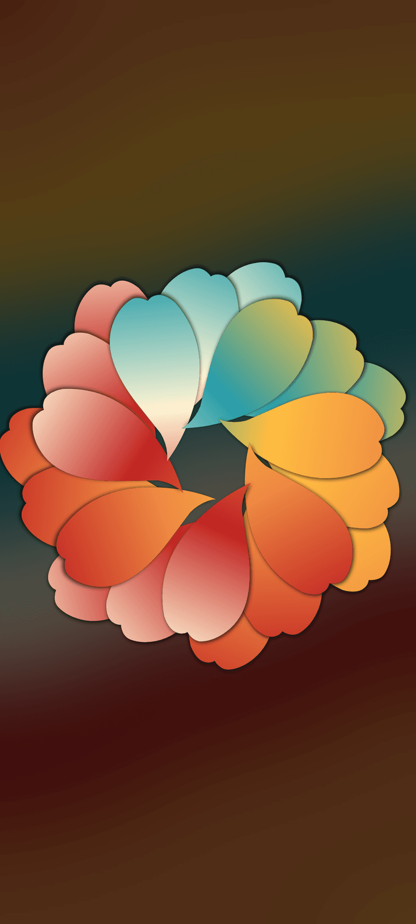 Multicolored petal-shaped blades spiraling into a circular pattern over a dark teal and brown gradient.