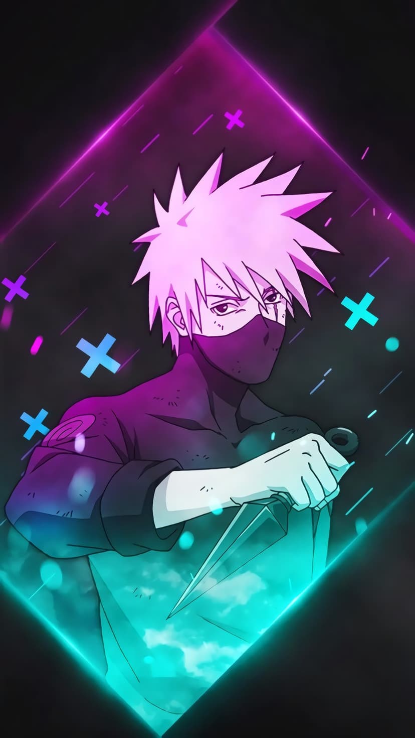 Kakashi Hatake holds a kunai surrounded by glowing purple and teal crosses against a dark black background.