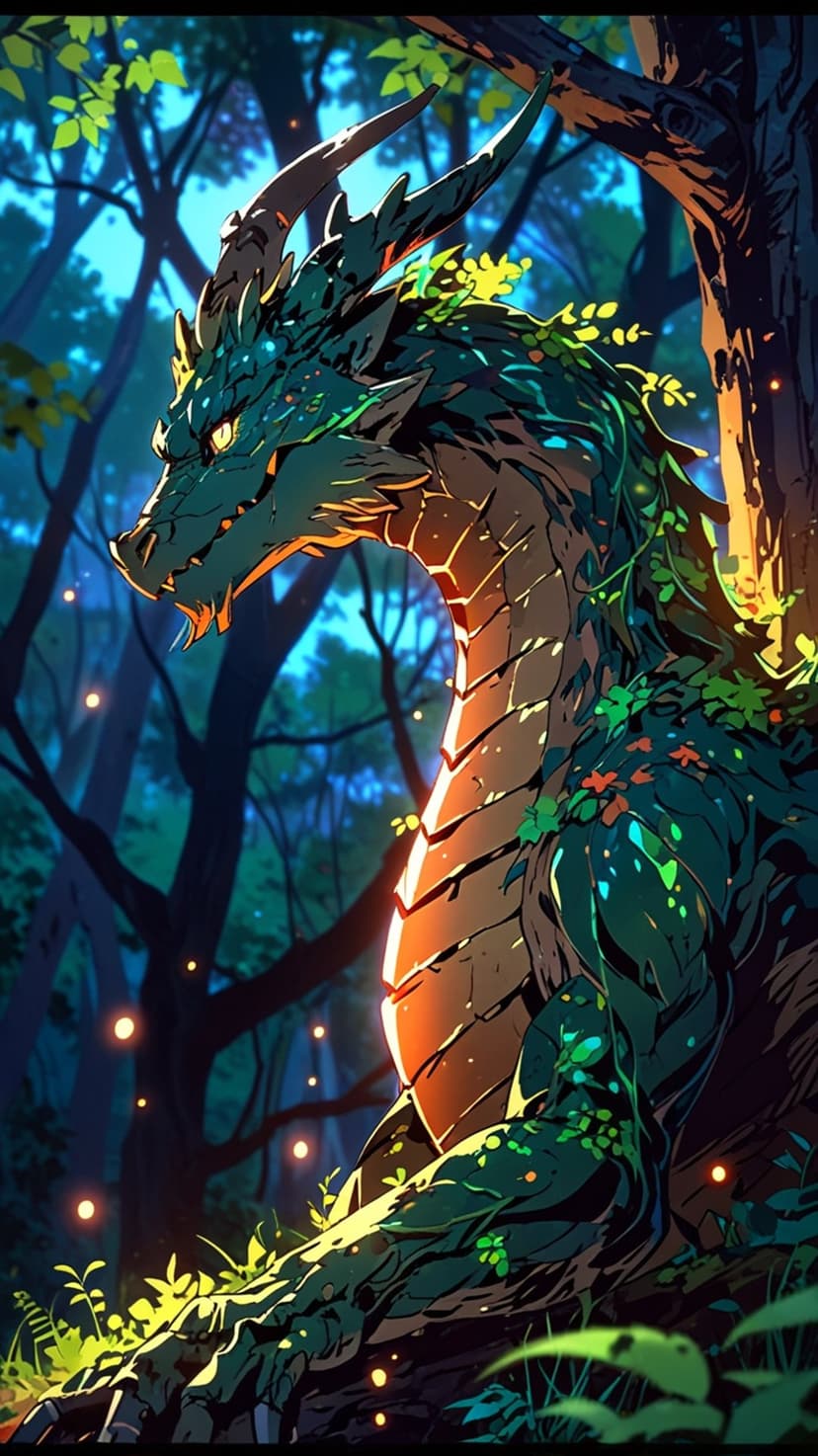 Emerald dragon with intricate green scales resting in a glowing forest among magical plants and soft light.