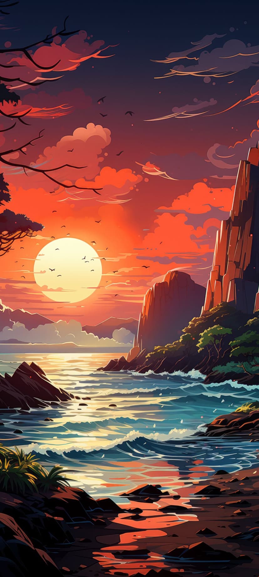 Fiery orange clouds hover over jagged coastal rocks as white ocean waves crash against a dark shoreline at dusk.