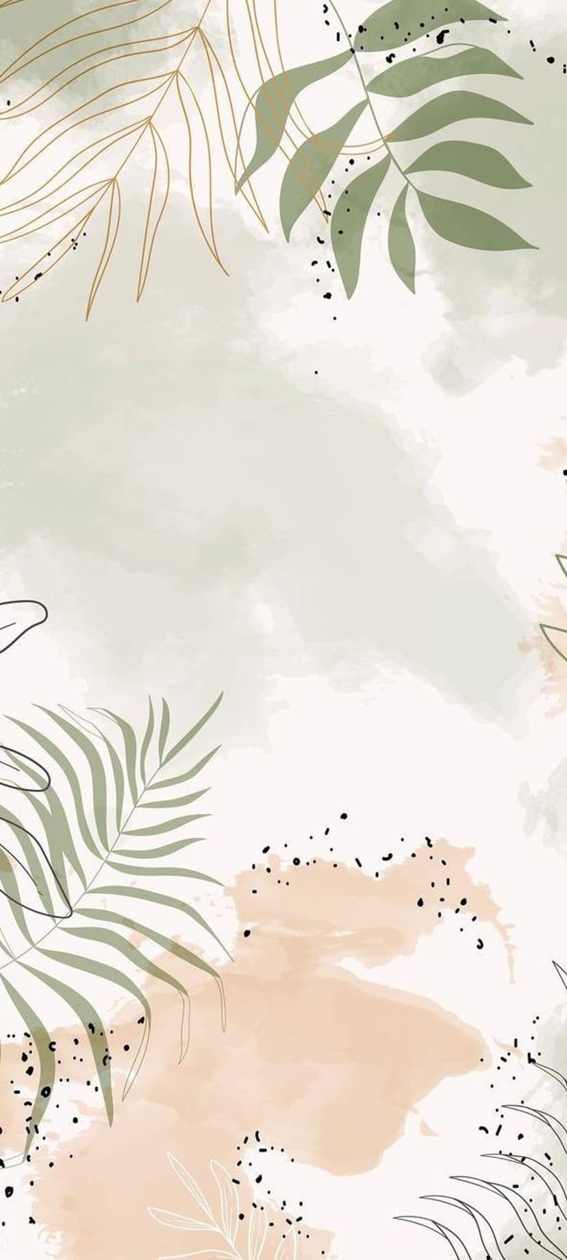 Monstera leaf line art overlays peach and sage green watercolor splashes with small black speckled dots.