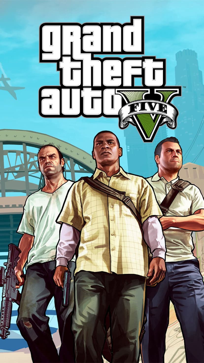 Michael, Franklin, and Trevor stand in a row against a hazy city background with palm trees and warm sunlight.