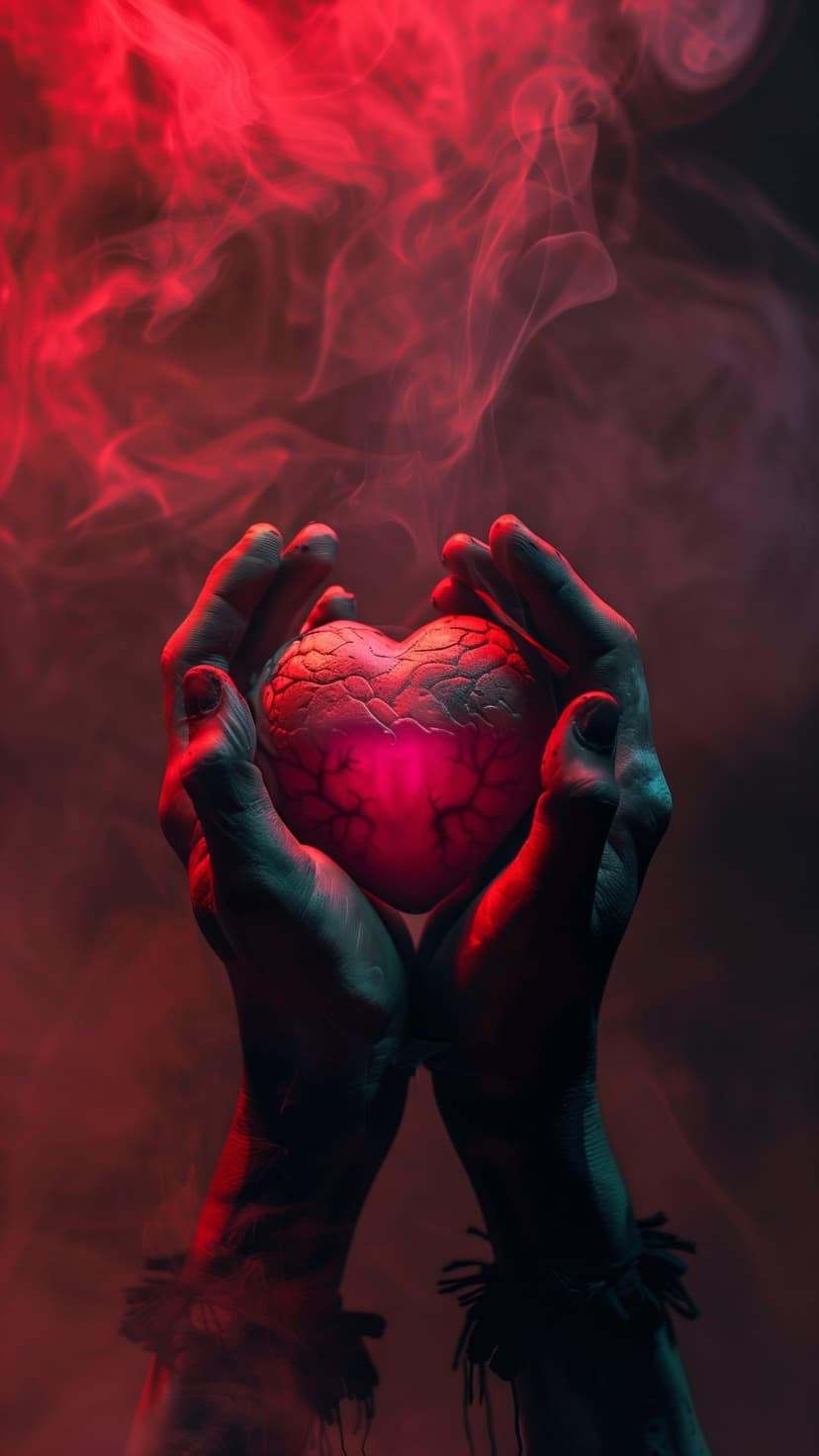Textured heart glowing with pink light held in cupped hands surrounded by thick swirls of red smoke and deep shadows.