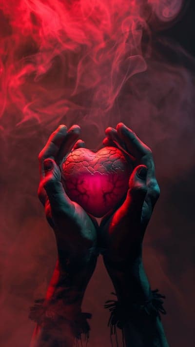 Mysterious Heart Held in Dark Hands with Red Smoke