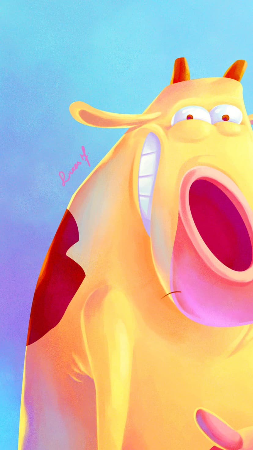 Yellow cartoon cow with a wide toothy grin and large expressive eyes against a soft blue gradient sky background.