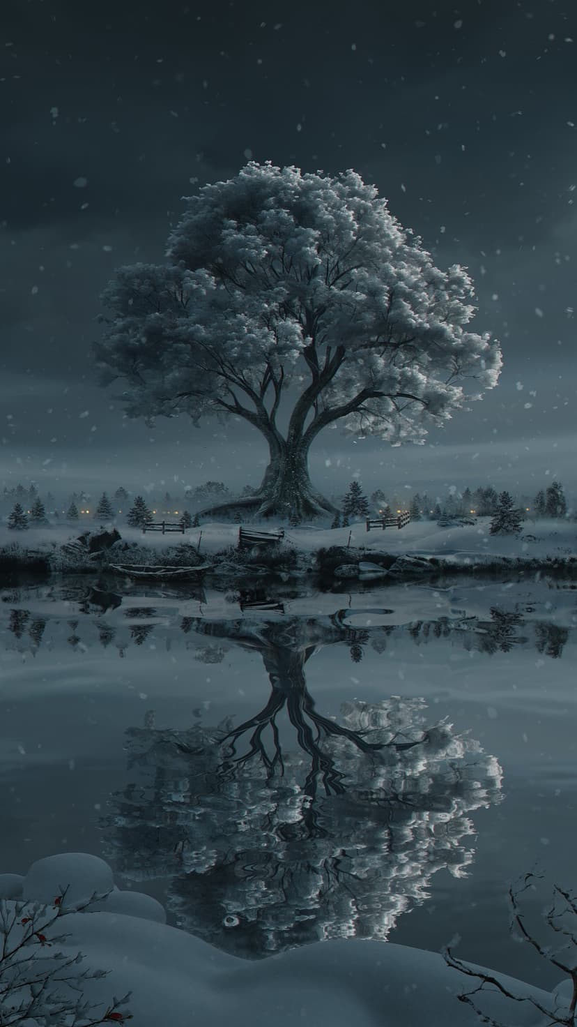 Snow-covered tree with bare branches reflects in a calm pond during a midnight snowfall with distant lights.