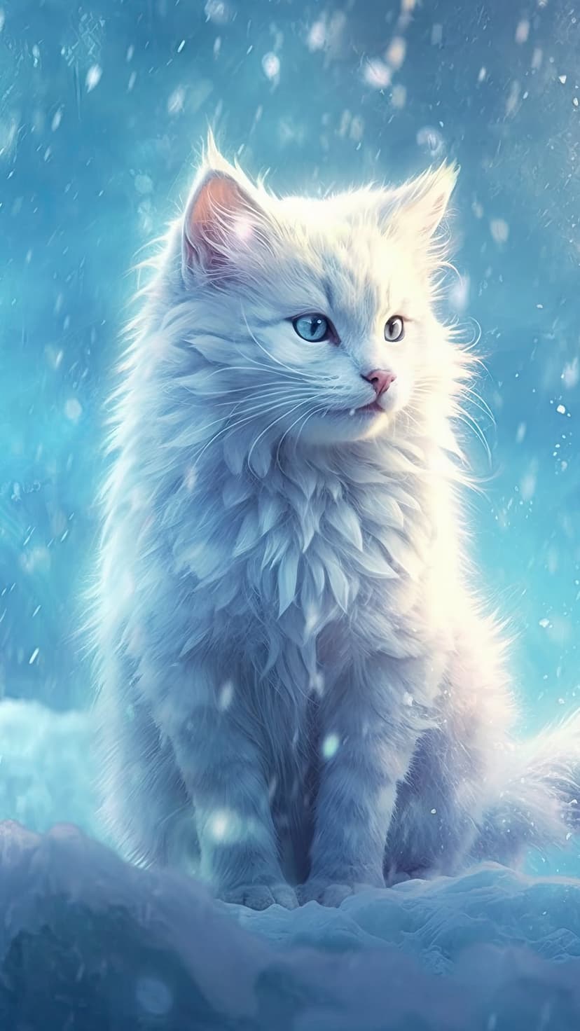 Long-haired white cat with striking blue eyes sitting calmly amidst falling snowflakes and soft winter light.