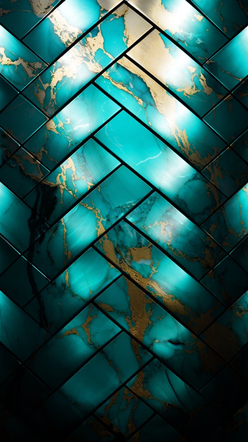 Teal and gold marble tiles arranged in a herringbone pattern with shimmering veins and smooth polished textures.