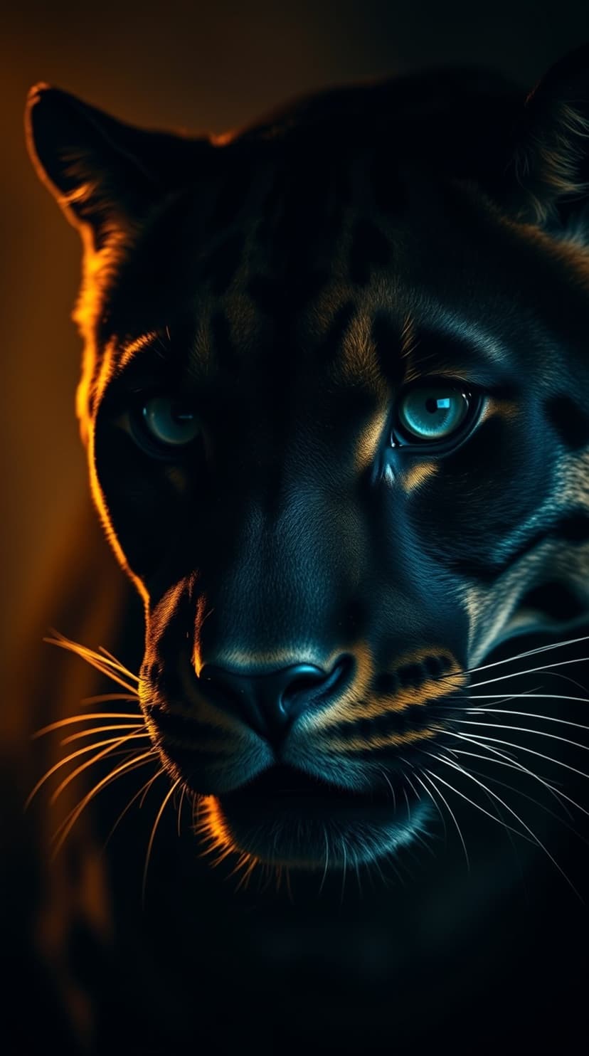 Black panther head close up with vibrant blue eyes, fine whiskers, and dark fur accented by golden light.