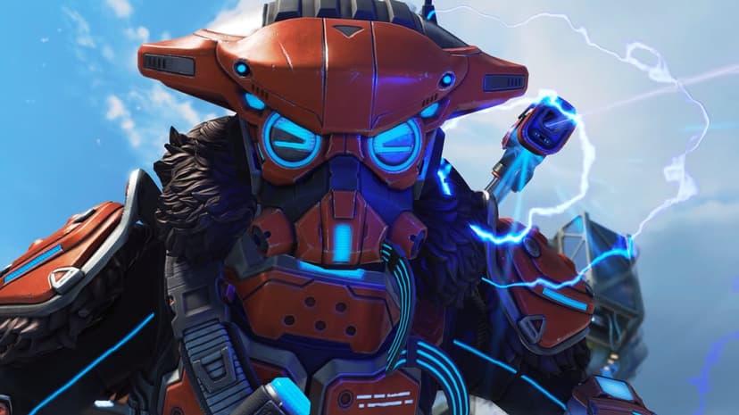 Bloodhound in orange armor with glowing blue eyes and lightning bolts against a clear blue sky background.