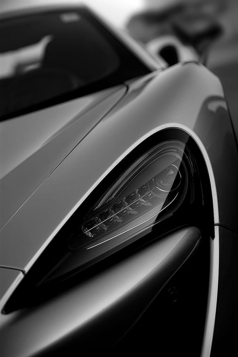 Modern sports car headlight showing intricate lens textures and sleek curves in high-contrast black and white.