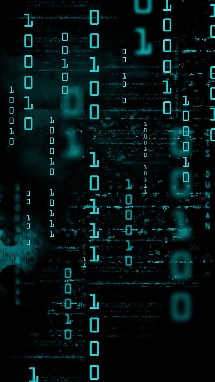 Glowing blue binary digits fall vertically against a dark background with subtle digital glitch distortions.