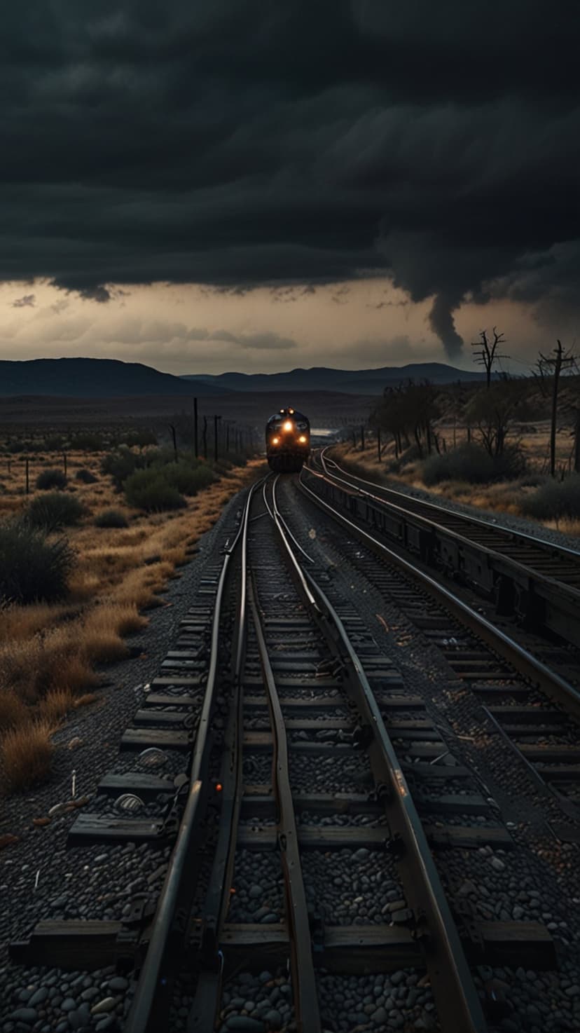 Locomotive with bright headlights approaching on multiple tracks under a dark, swirling stormy sky at twilight.