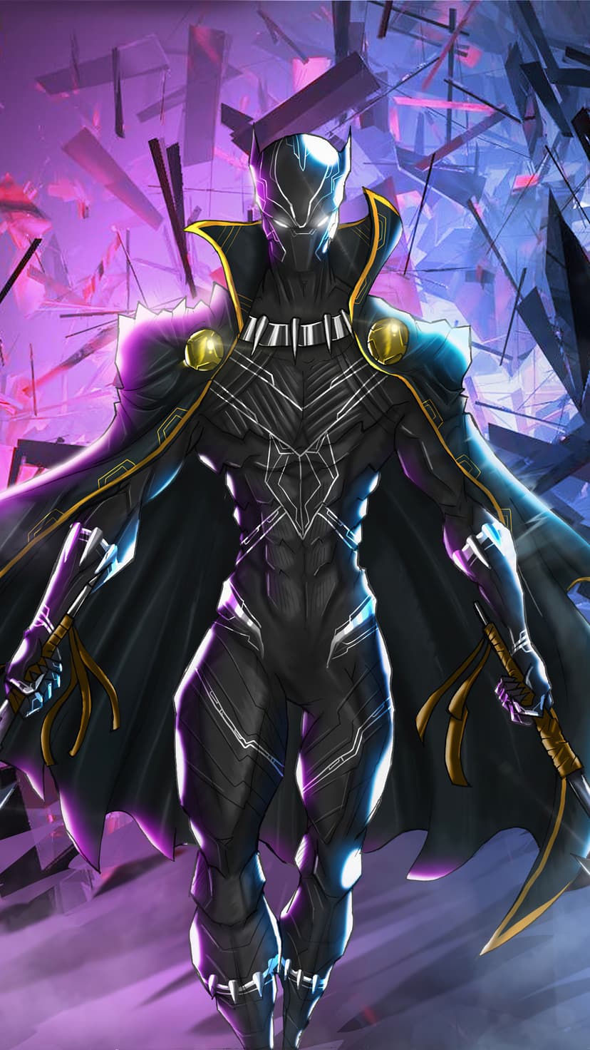 Black Panther in a black tactical suit with sharp claws standing before glowing purple and blue glass shards.