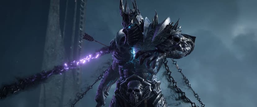 Armored dark knight with glowing blue eyes and a purple energy chain standing in a misty, dark environment.