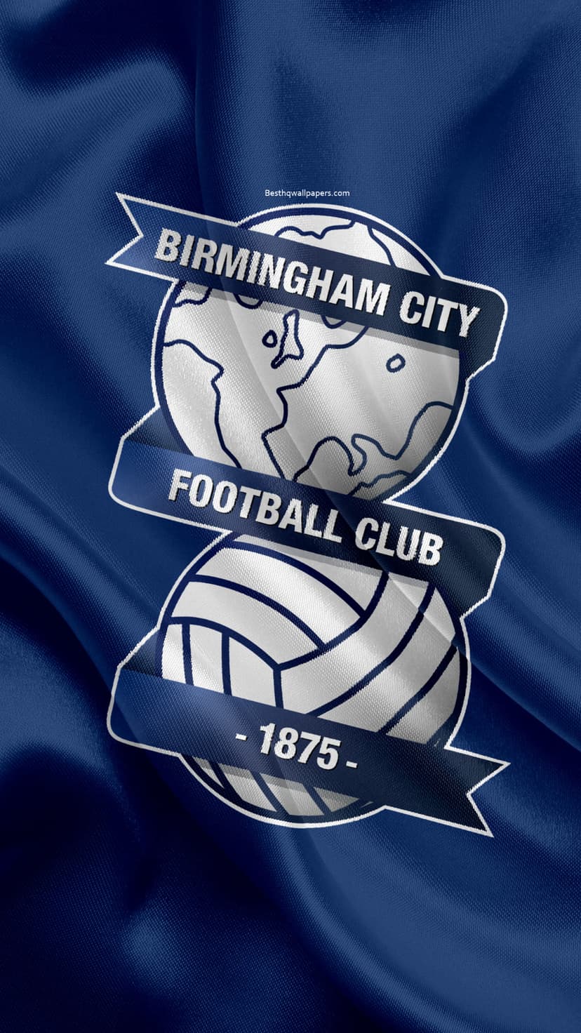Birmingham City FC crest with a globe and soccer ball centered on a dark blue textured background with 1875 text.