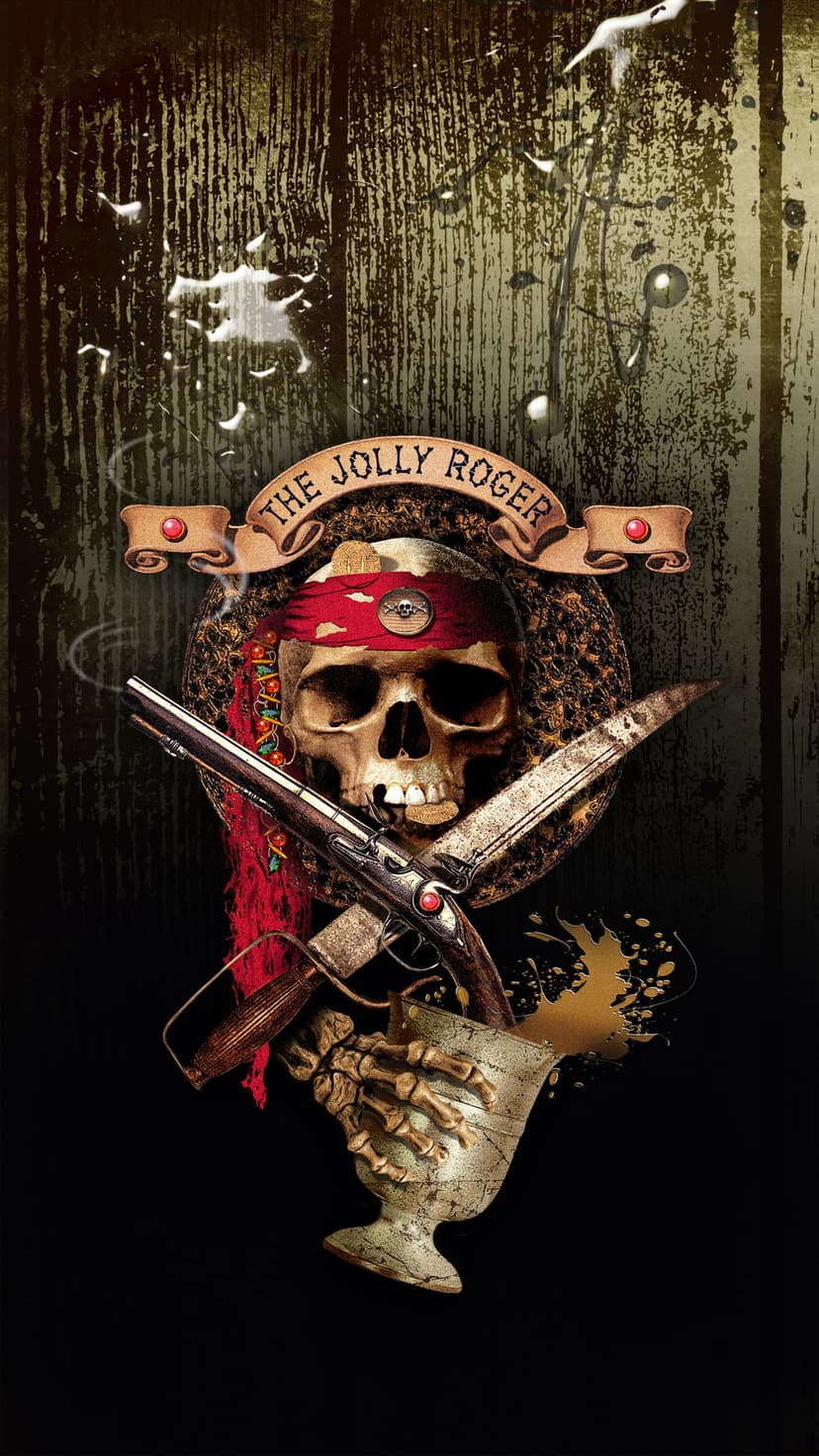 Pirate skull in a red bandana sits between a flintlock pistol and cutlass above a gold-filled chalice.
