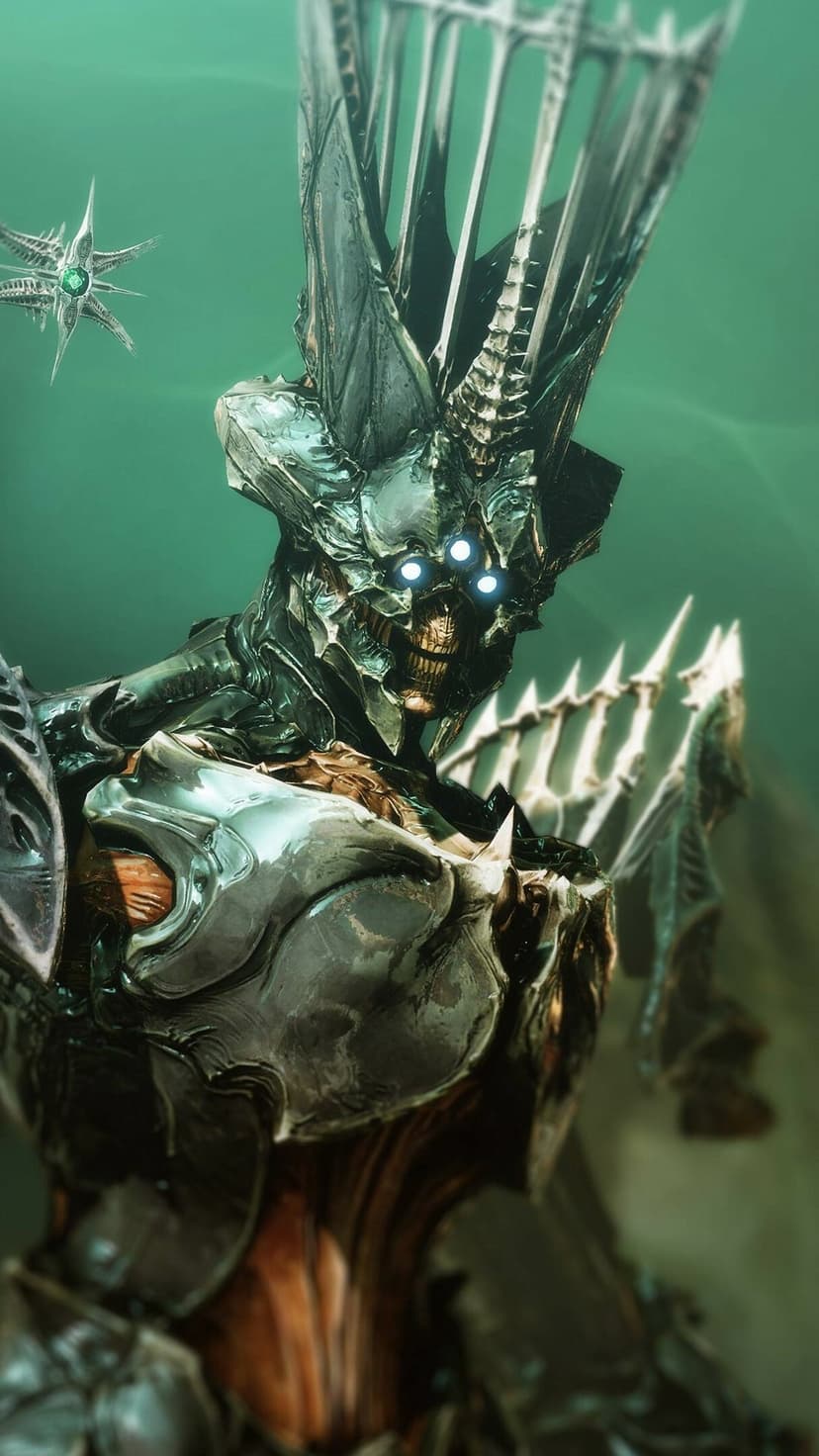 Hive Queen Savathûn with a tall bone crown and three glowing blue eyes in a misty green environment.
